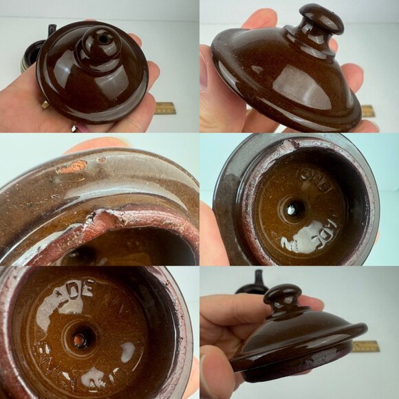 Vtg Single Serve Brown Genuine Old English Redware Teapot w Green Tan Stripes - Picture 5 of 13